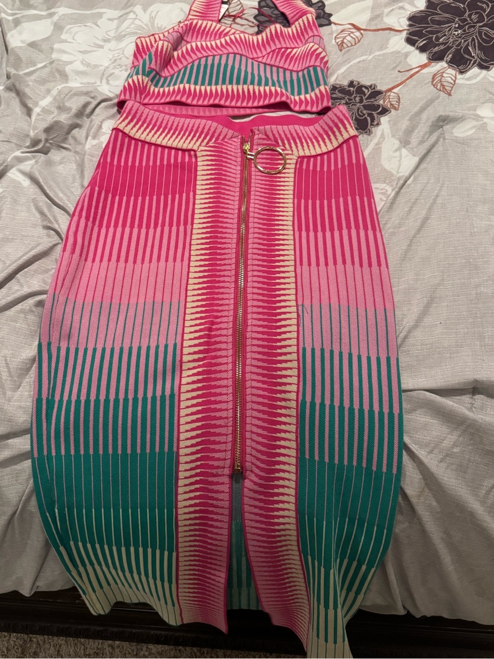 Fashion Nova Pink Teal Striped Halter Knit One-Piece Bodysuit
